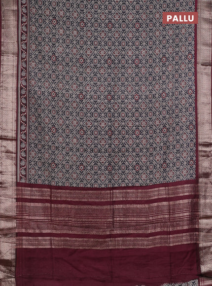 Assam silk saree grey and wine with allover ajrakh prints and zari woven border
