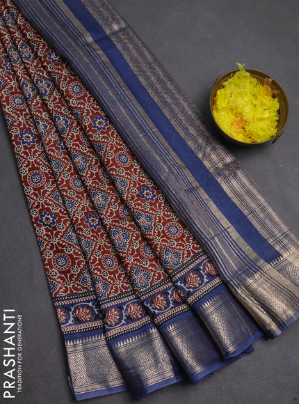 Assam silk saree brown and indigo blue with allover ajrakh prints and zari woven border