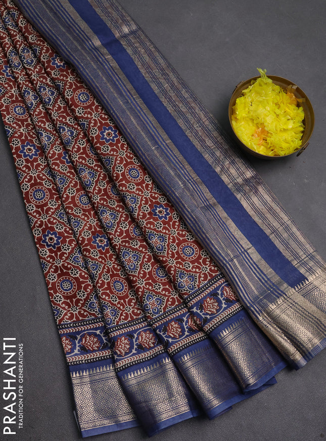 Assam silk saree brown and indigo blue with allover ajrakh prints and zari woven border