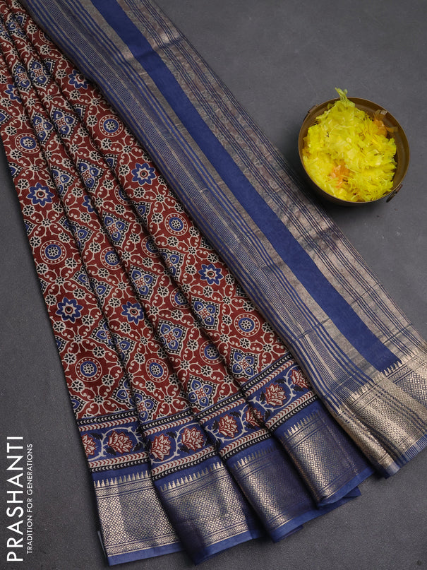Assam silk saree brown and indigo blue with allover ajrakh prints and zari woven border