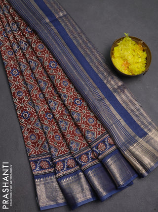 Assam silk saree brown and indigo blue with allover ajrakh prints and zari woven border