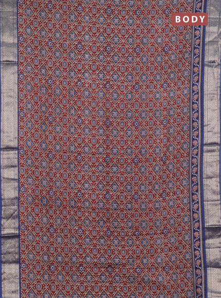 Assam silk saree brown and indigo blue with allover ajrakh prints and zari woven border