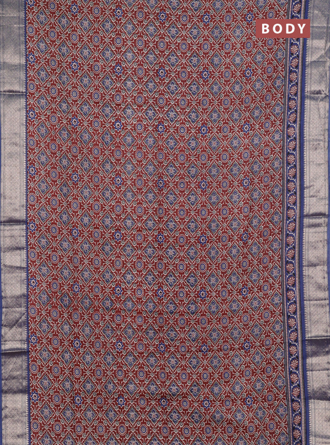 Assam silk saree brown and indigo blue with allover ajrakh prints and zari woven border