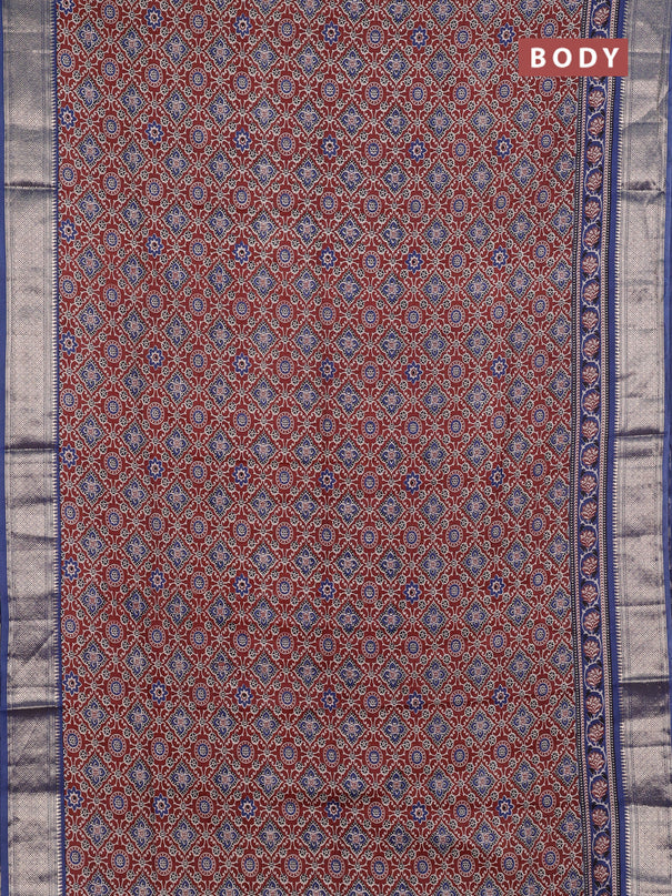 Assam silk saree brown and indigo blue with allover ajrakh prints and zari woven border