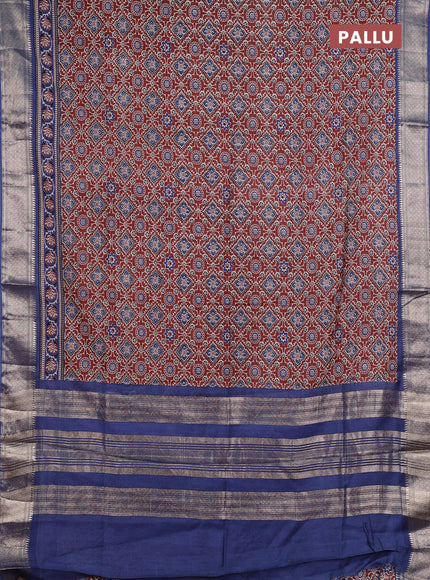 Assam silk saree brown and indigo blue with allover ajrakh prints and zari woven border