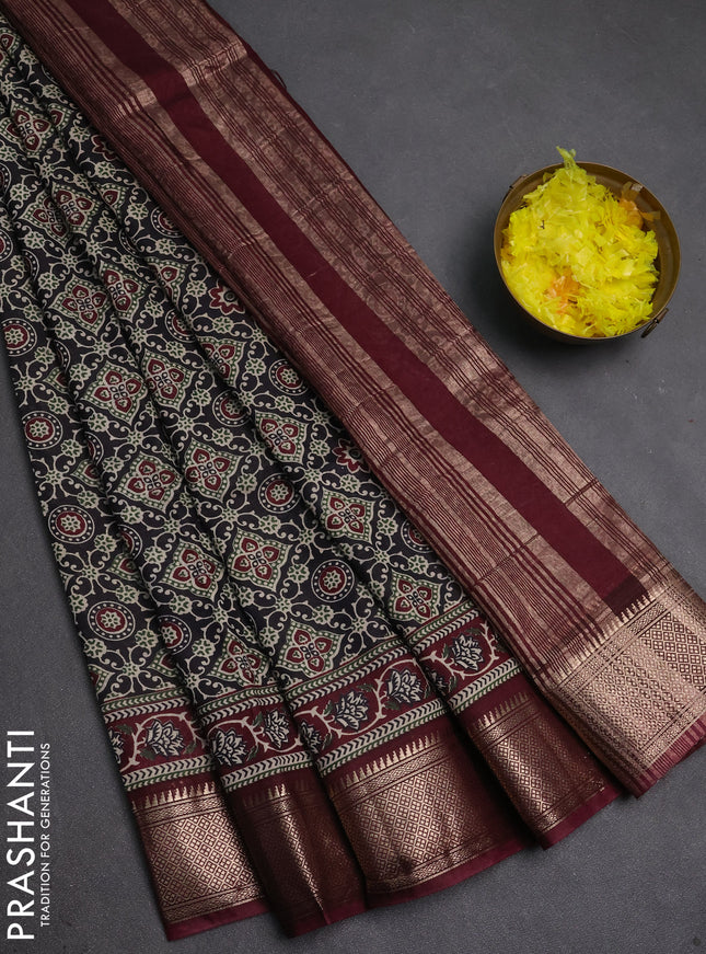 Assam silk saree black and wine with allover ajrakh prints and zari woven border