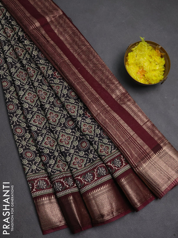 Assam silk saree black and wine with allover ajrakh prints and zari woven border