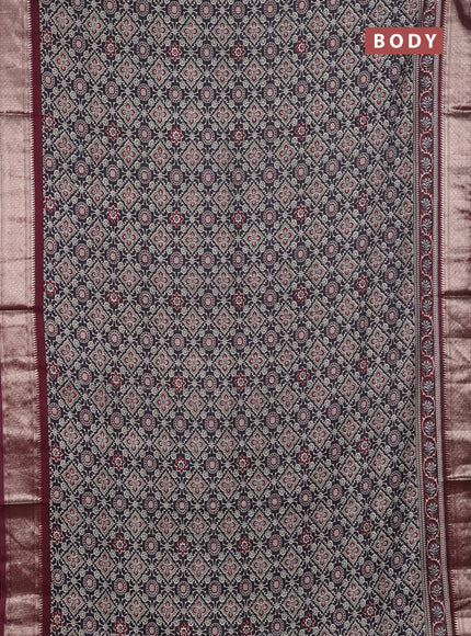 Assam silk saree black and wine with allover ajrakh prints and zari woven border
