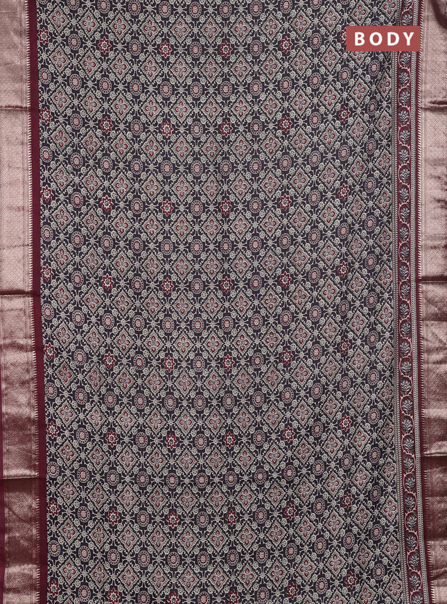 Assam silk saree black and wine with allover ajrakh prints and zari woven border