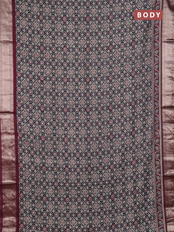 Assam silk saree black and wine with allover ajrakh prints and zari woven border
