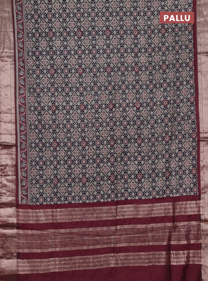 Assam silk saree black and wine with allover ajrakh prints and zari woven border