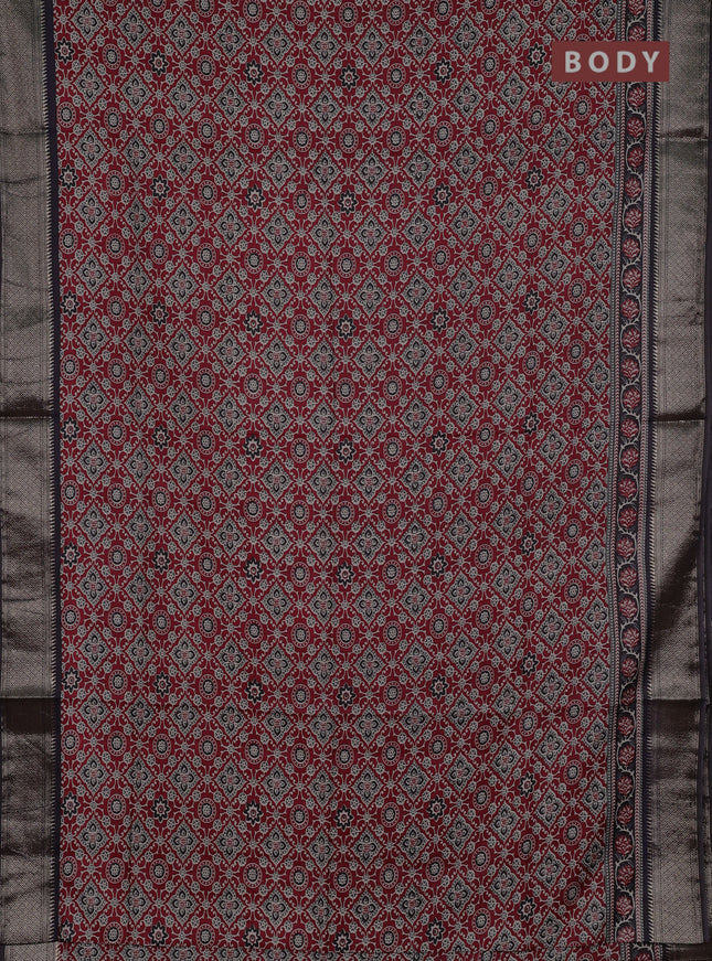 Assam silk saree maroon and black with allover ajrakh prints and zari woven border