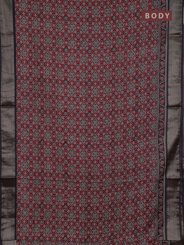 Assam silk saree maroon and black with allover ajrakh prints and zari woven border