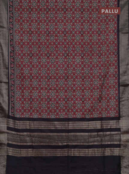 Assam silk saree maroon and black with allover ajrakh prints and zari woven border
