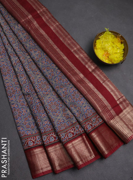 Assam silk saree indigo blue and maroon with allover ajrakh prints and zari woven border