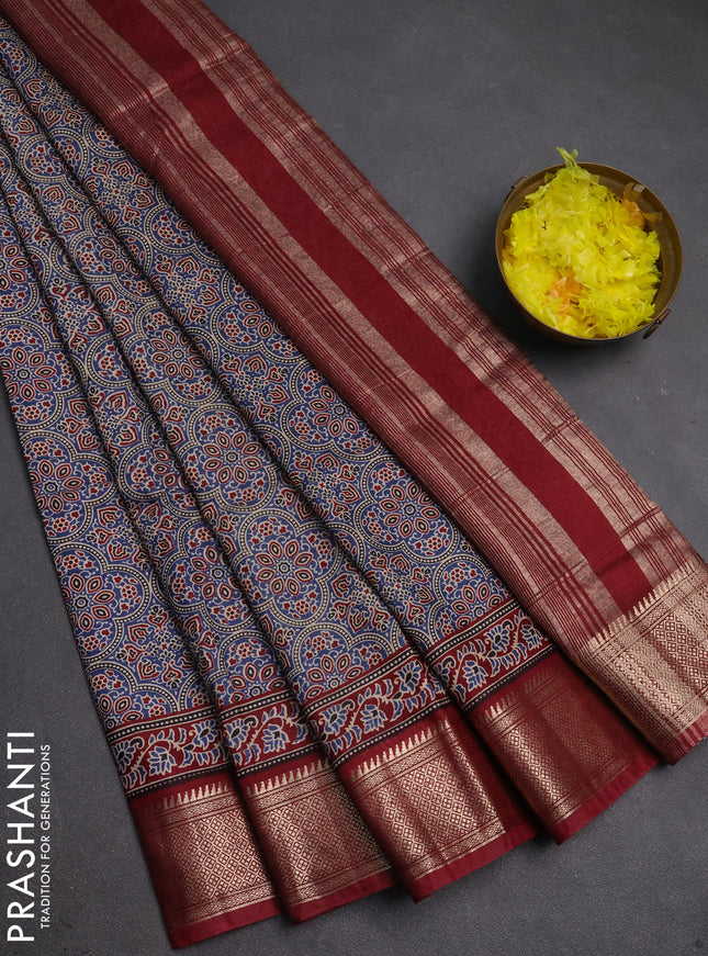 Assam silk saree indigo blue and maroon with allover ajrakh prints and zari woven border