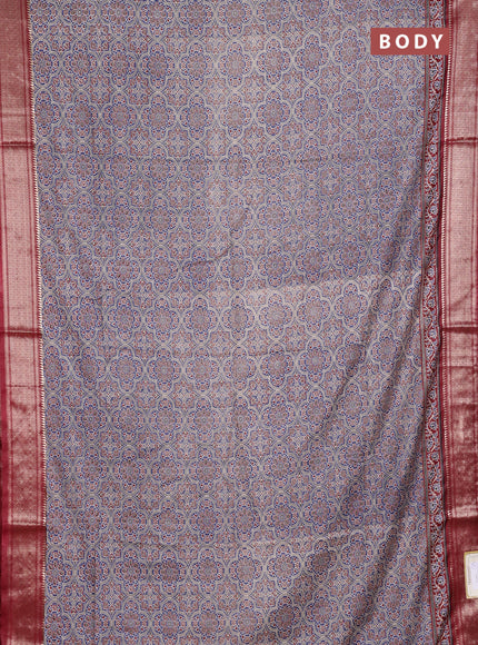 Assam silk saree indigo blue and maroon with allover ajrakh prints and zari woven border