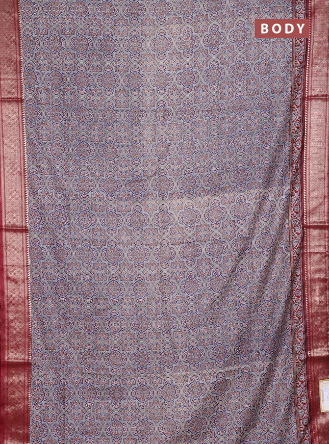 Assam silk saree indigo blue and maroon with allover ajrakh prints and zari woven border