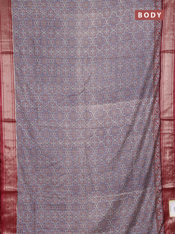 Assam silk saree indigo blue and maroon with allover ajrakh prints and zari woven border