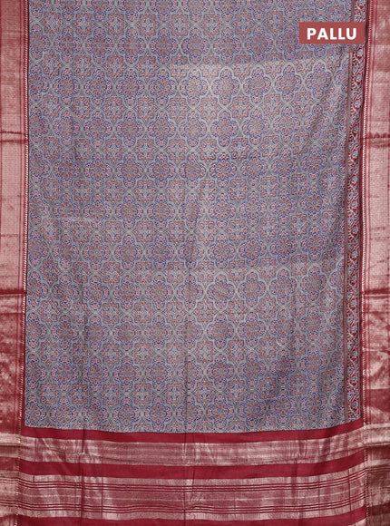 Assam silk saree indigo blue and maroon with allover ajrakh prints and zari woven border