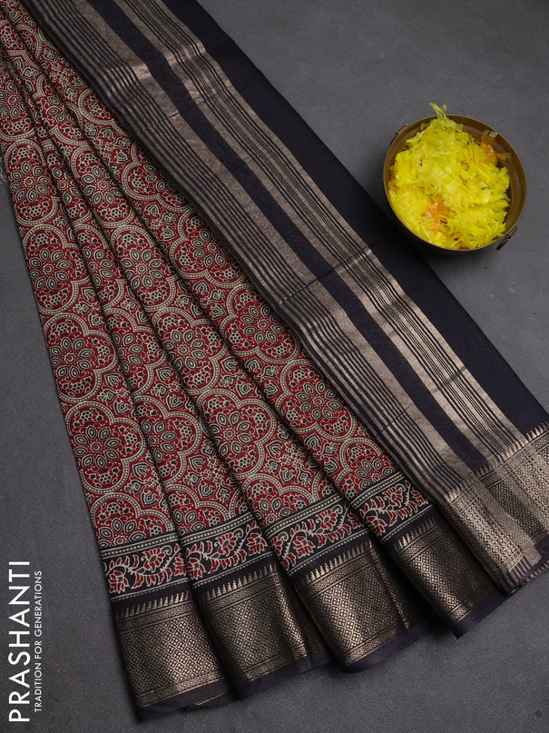 Assam silk saree maroon and black with allover ajrakh prints and zari woven border
