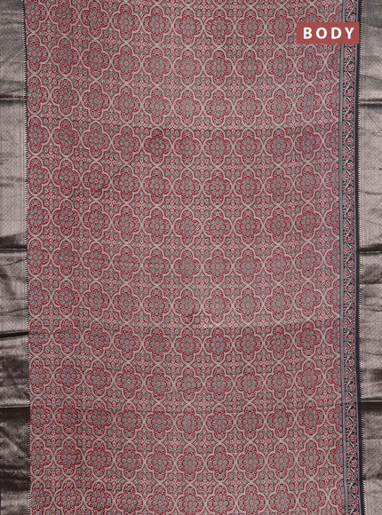 Assam silk saree maroon and black with allover ajrakh prints and zari woven border