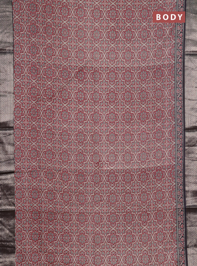 Assam silk saree maroon and black with allover ajrakh prints and zari woven border