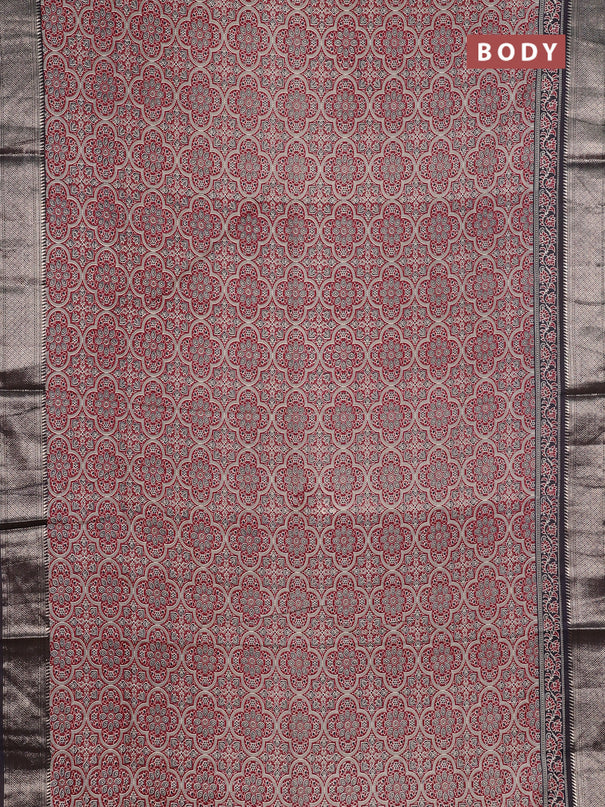 Assam silk saree maroon and black with allover ajrakh prints and zari woven border