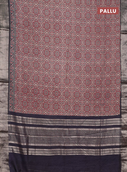 Assam silk saree maroon and black with allover ajrakh prints and zari woven border
