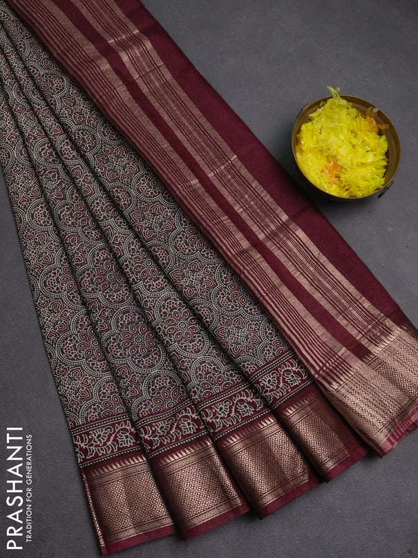 Assam silk saree grey and wine with allover ajrakh prints and zari woven border