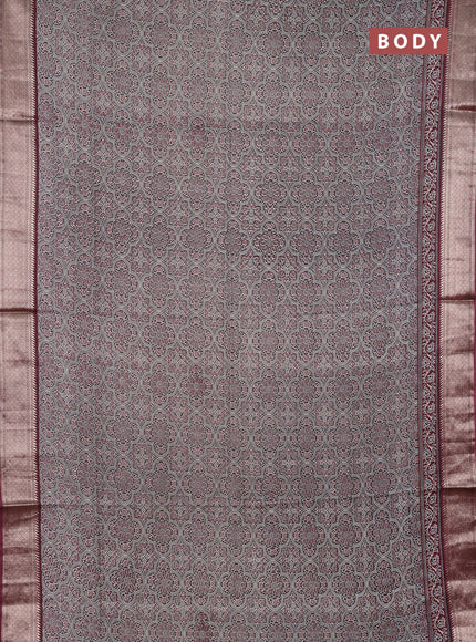 Assam silk saree grey and wine with allover ajrakh prints and zari woven border