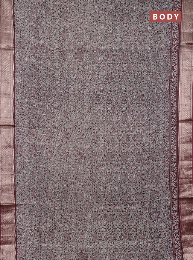 Assam silk saree grey and wine with allover ajrakh prints and zari woven border