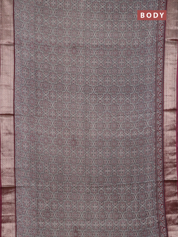 Assam silk saree grey and wine with allover ajrakh prints and zari woven border