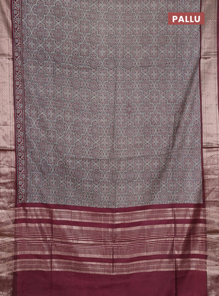 Assam silk saree grey and wine with allover ajrakh prints and zari woven border