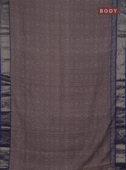 Assam silk saree dark mustard and indigo blue with allover ajrakh prints and zari woven border