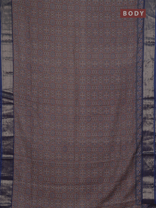 Assam silk saree dark mustard and indigo blue with allover ajrakh prints and zari woven border