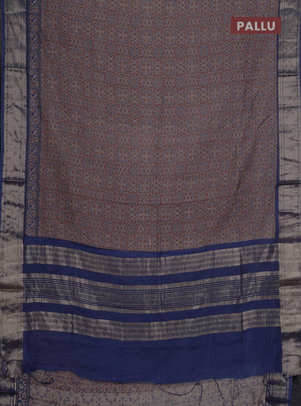Assam silk saree dark mustard and indigo blue with allover ajrakh prints and zari woven border