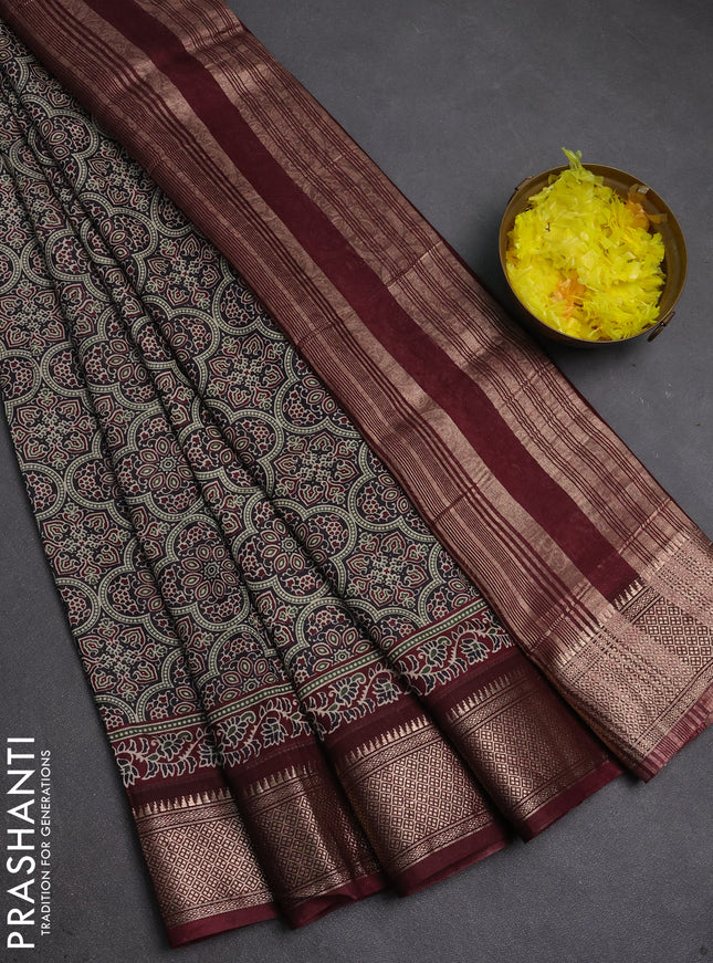 Assam silk saree black and wine with allover ajrakh prints and zari woven border