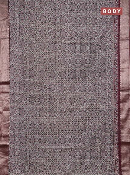 Assam silk saree black and wine with allover ajrakh prints and zari woven border