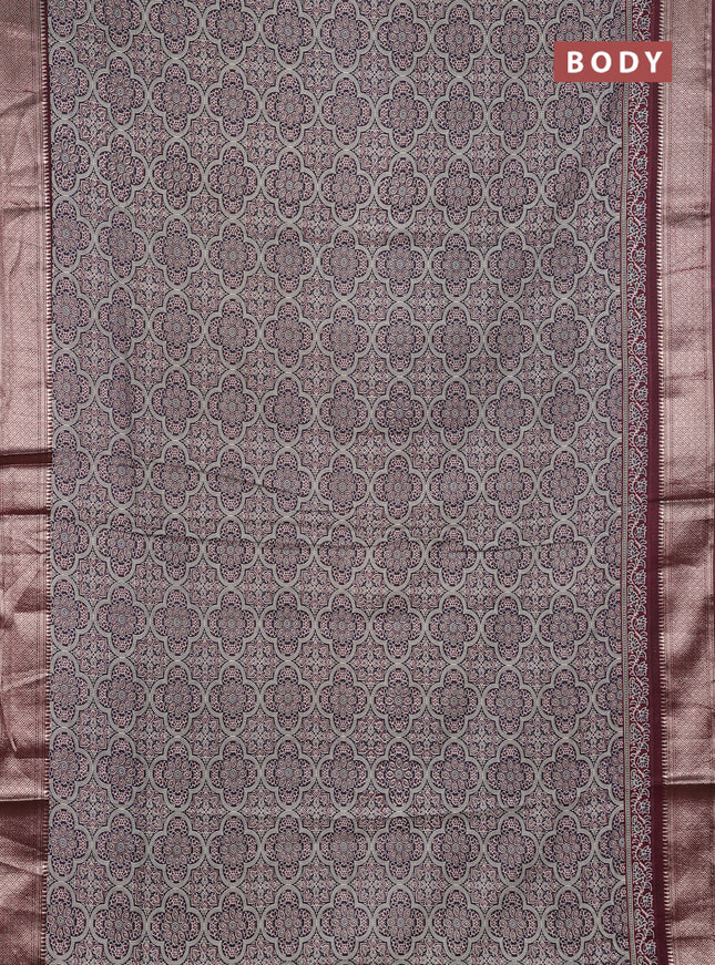 Assam silk saree black and wine with allover ajrakh prints and zari woven border