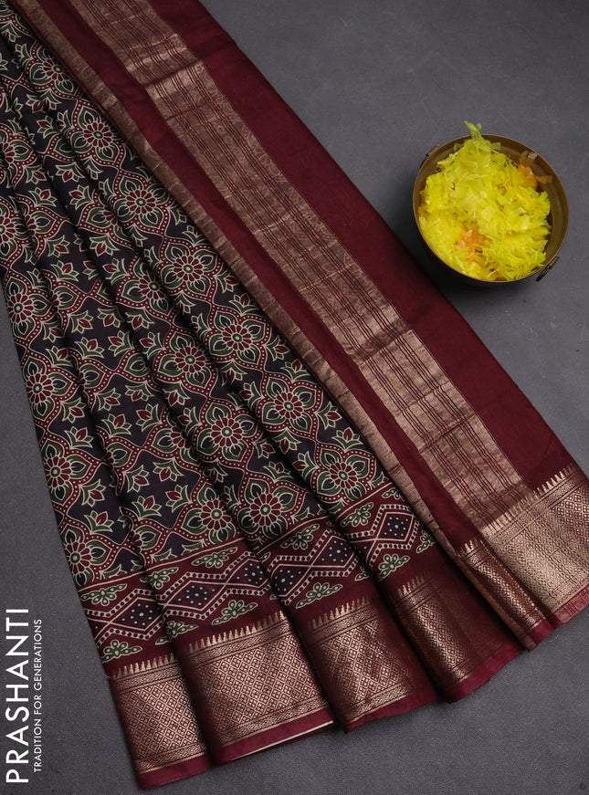 Assam silk saree jamun and wine with allover ajrakh prints and zari woven border