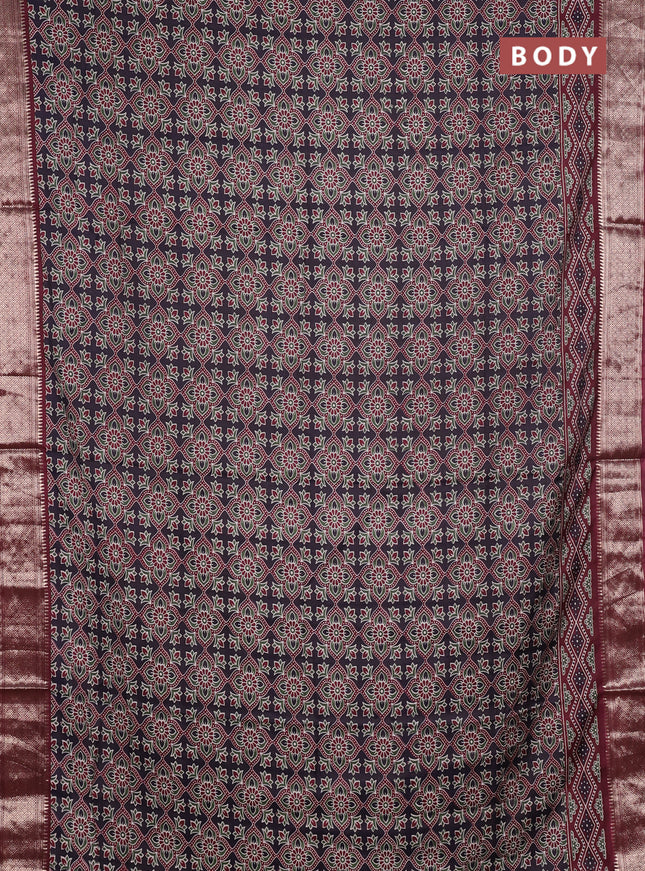 Assam silk saree jamun and wine with allover ajrakh prints and zari woven border