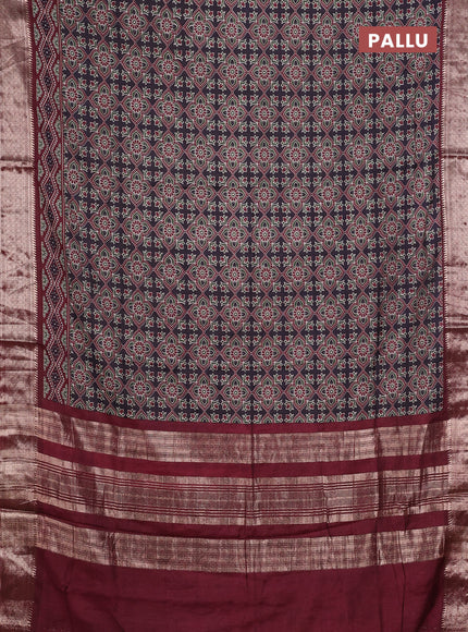 Assam silk saree jamun and wine with allover ajrakh prints and zari woven border