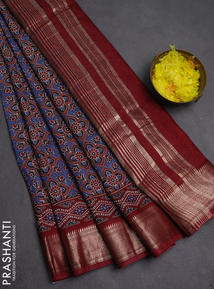 Assam silk saree indigo blue and maroon with allover ajrakh prints and zari woven border