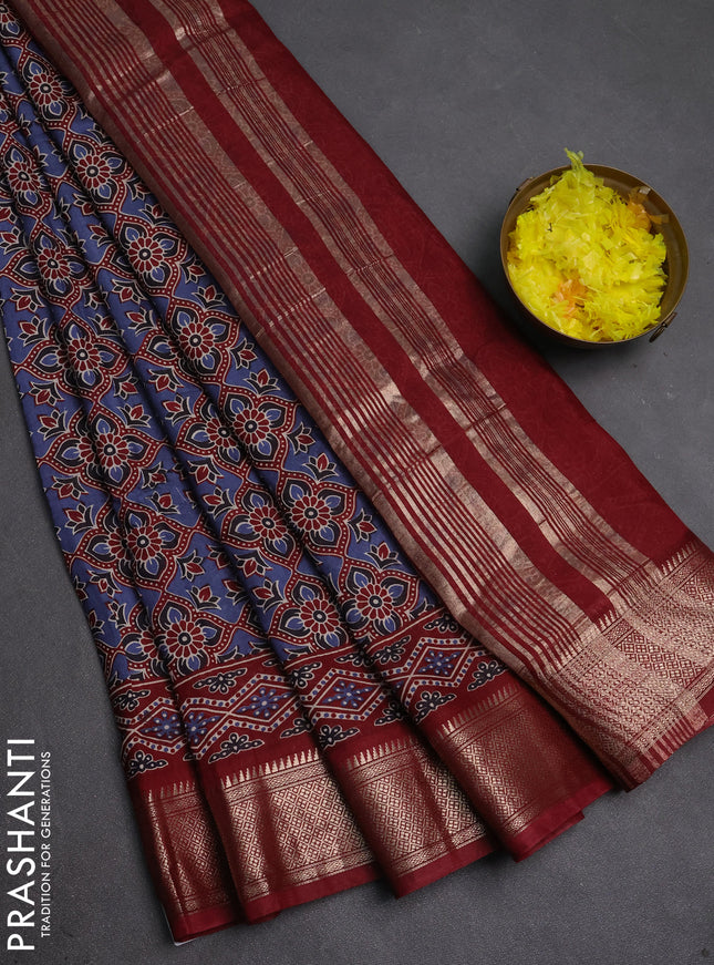 Assam silk saree indigo blue and maroon with allover ajrakh prints and zari woven border