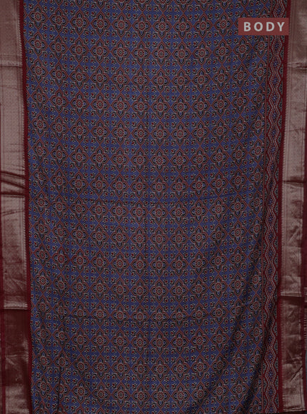 Assam silk saree indigo blue and maroon with allover ajrakh prints and zari woven border