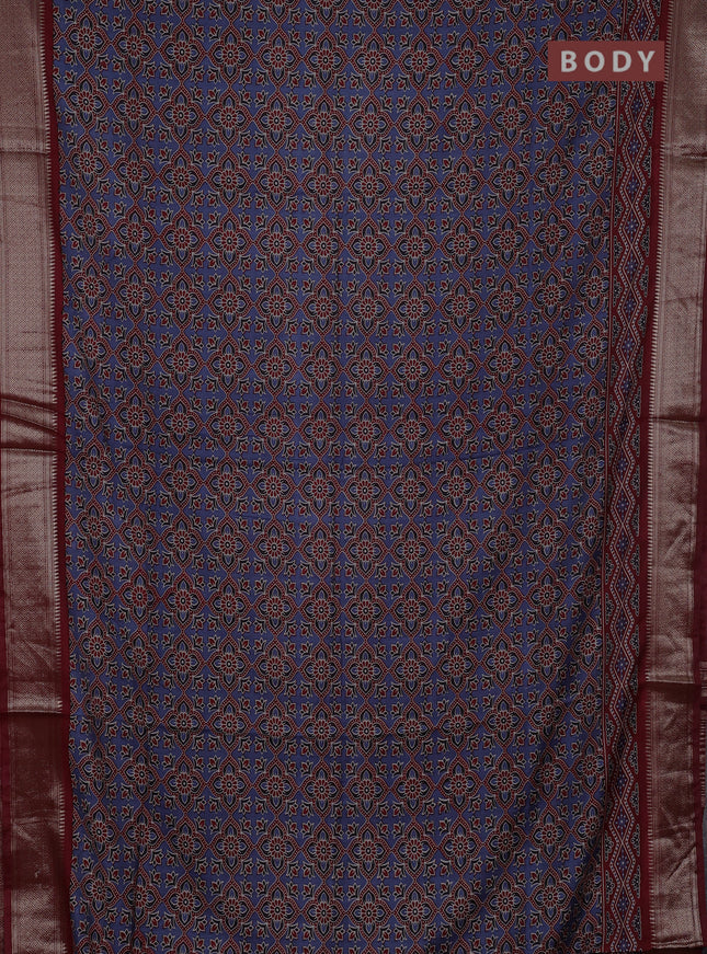 Assam silk saree indigo blue and maroon with allover ajrakh prints and zari woven border