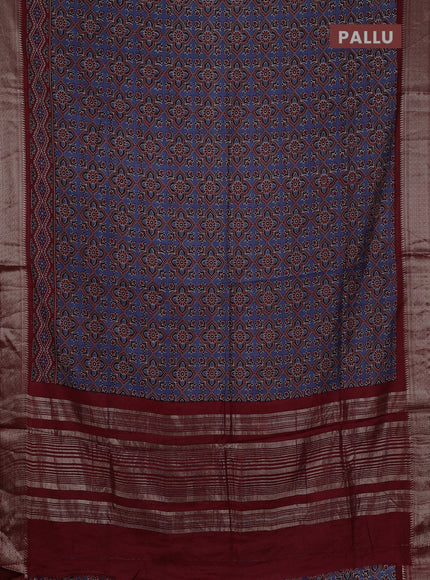 Assam silk saree indigo blue and maroon with allover ajrakh prints and zari woven border
