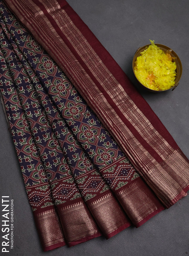 Assam silk saree jamun and wine with allover ajrakh prints and zari woven border
