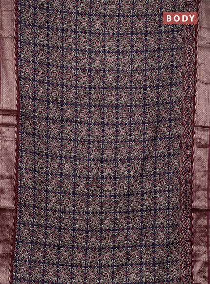 Assam silk saree jamun and wine with allover ajrakh prints and zari woven border